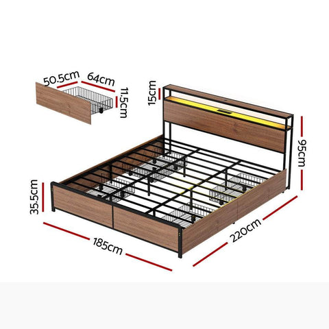 Metal Bed Frame with 2-Tier Storage Headboard