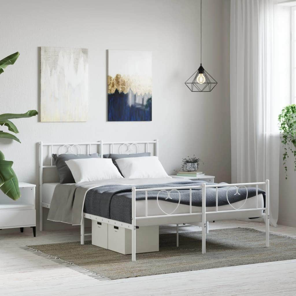 Metal Bed Frame with Headboard and Footboard-White Queen