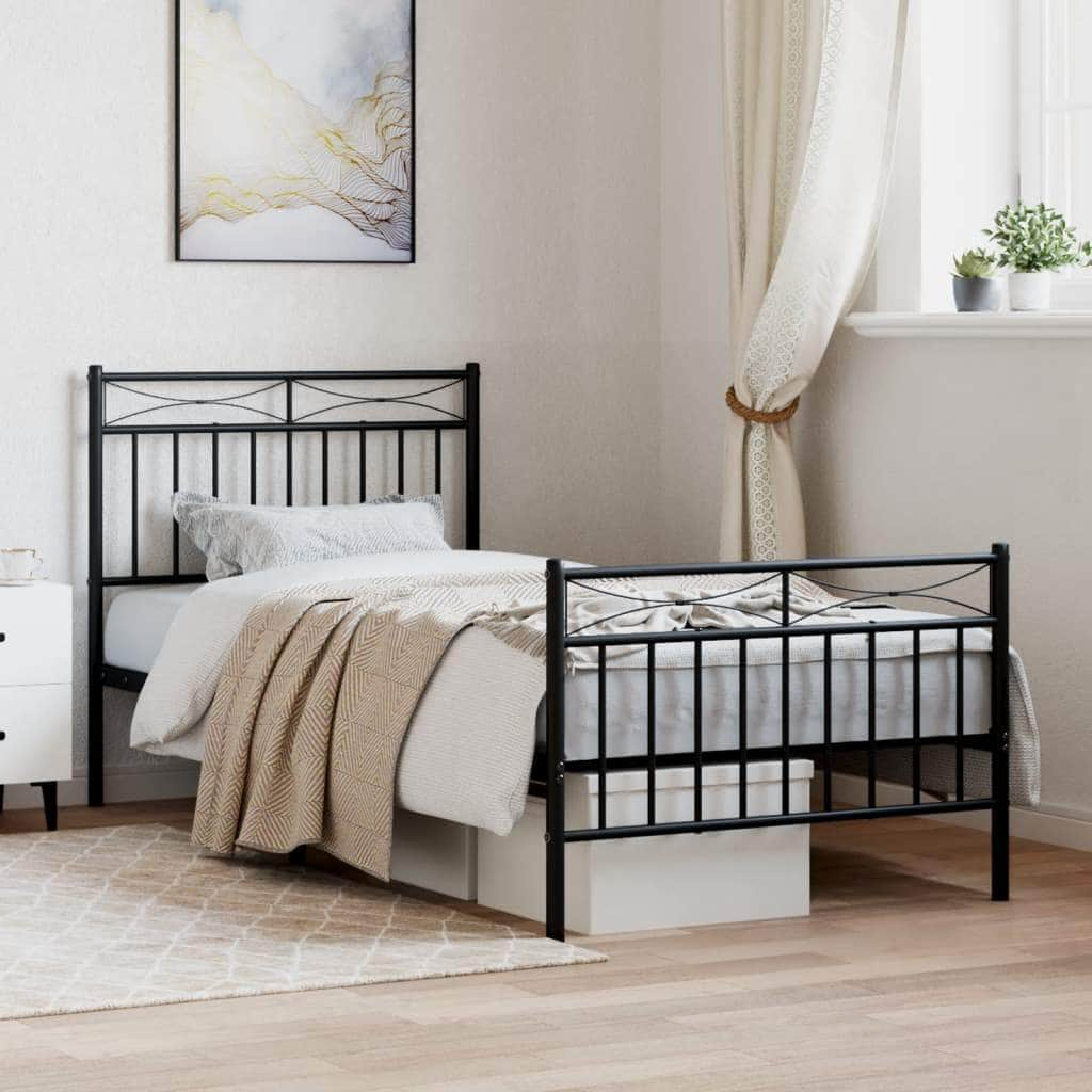 Metal Bed Frame with Headboard & Footboard -Black/White