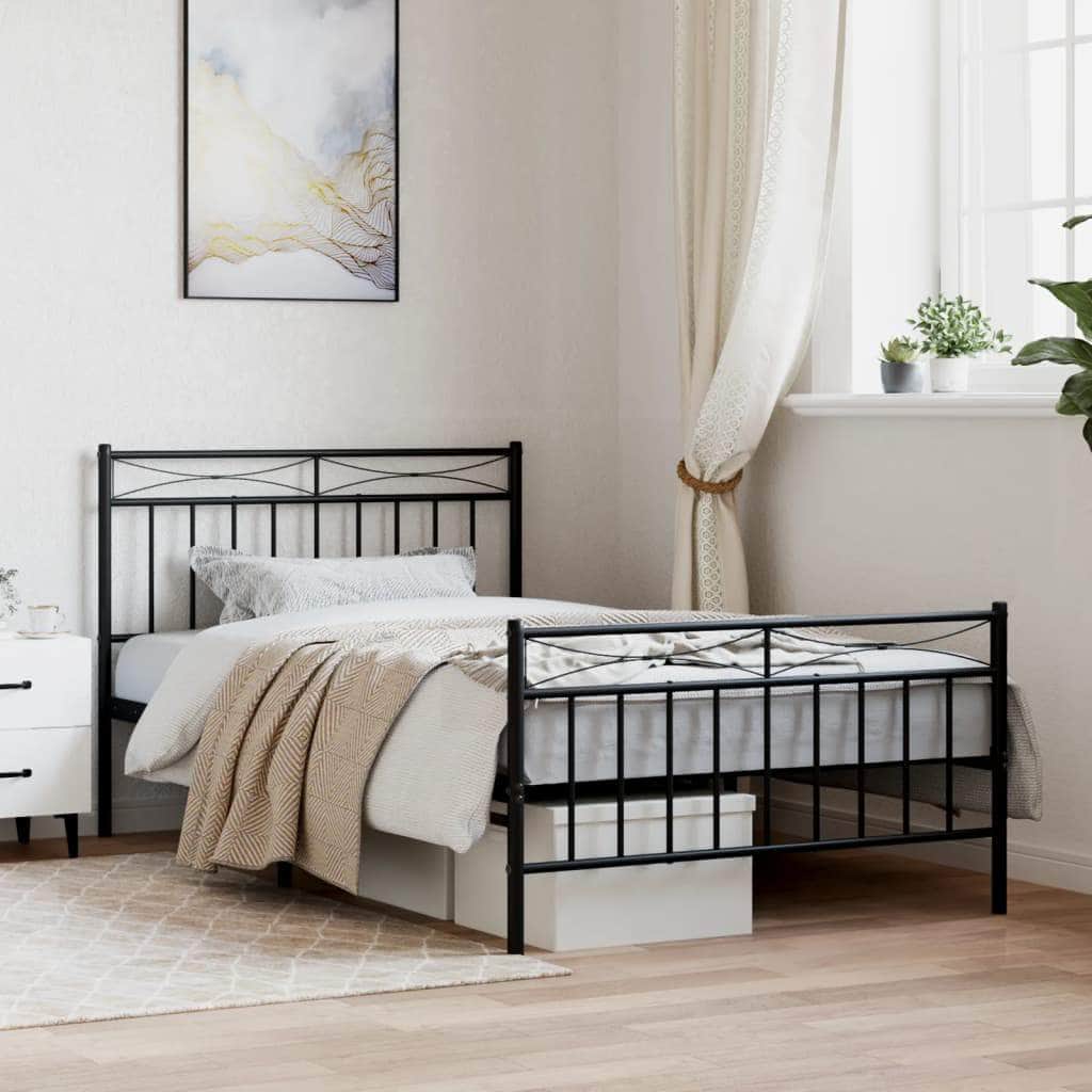 Metal Bed Frame with Headboard & Footboard -Black/White