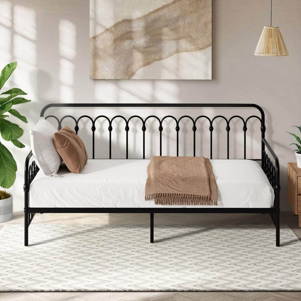 Metal Daybed Frame Single Size Sofa Bed Steel Slat Beige/Black