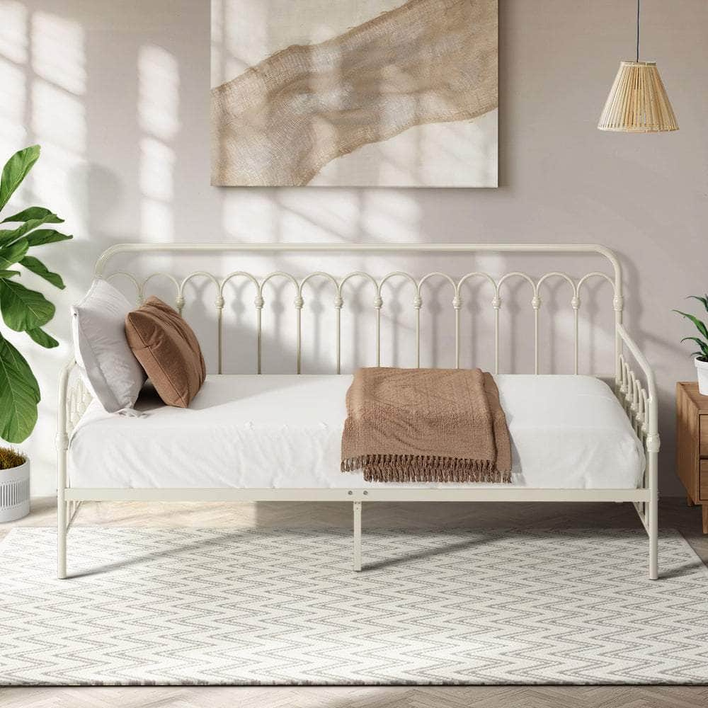 Metal Daybed Frame Single Size Sofa Bed Steel Slat Beige/Black