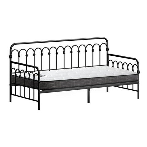 Metal Daybed Frame Single Sofa Bed with 13cm Mattress - Black & Beige