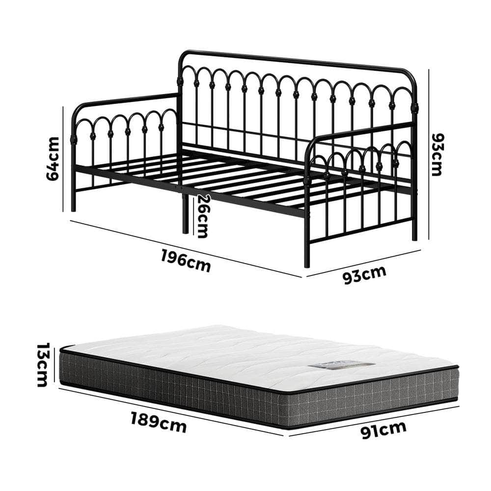 Metal Daybed Frame Single Sofa Bed with 13cm Mattress - Black & Beige