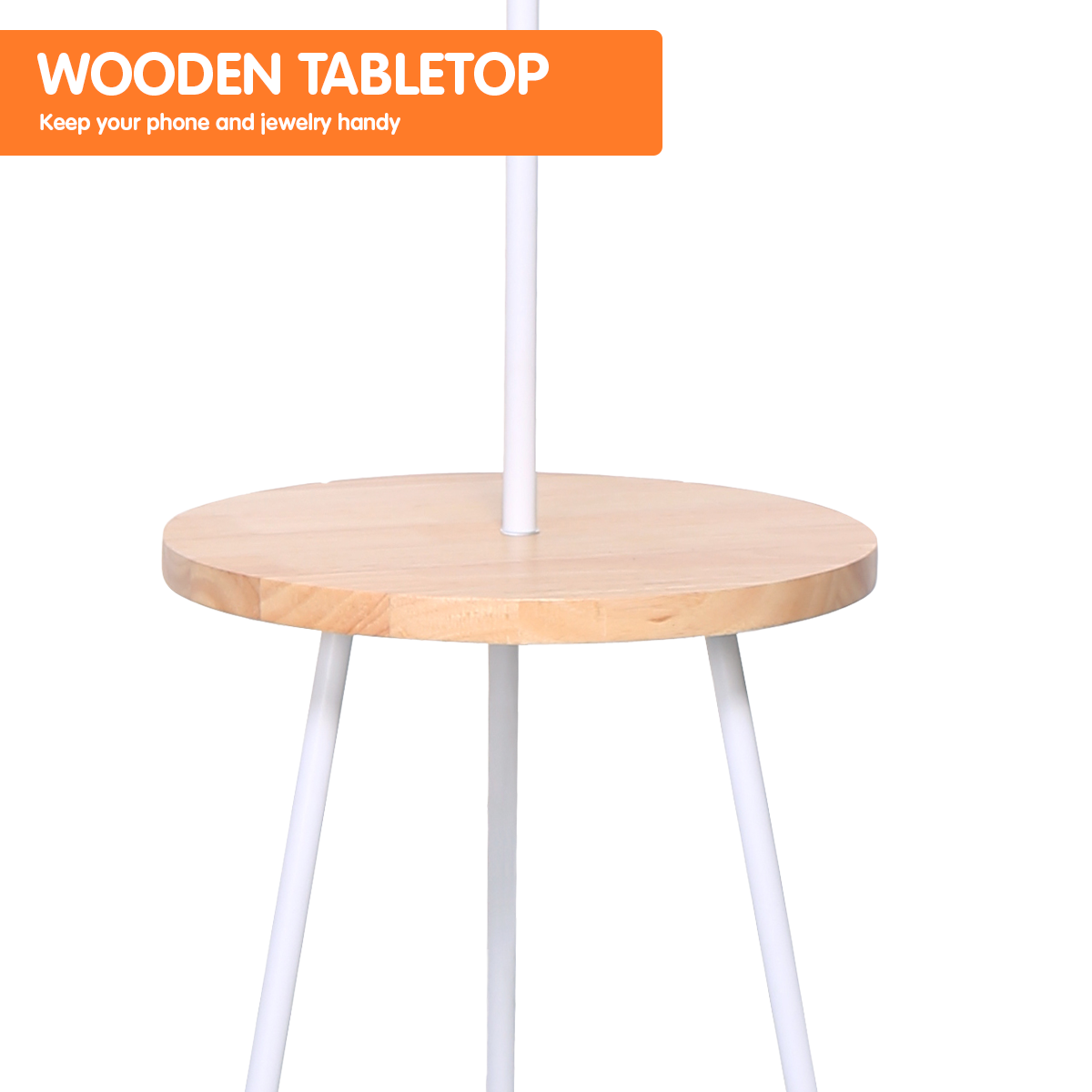 Metal Tripod Floor Lamp Shade with Wooden Table Shelf | Metal finish