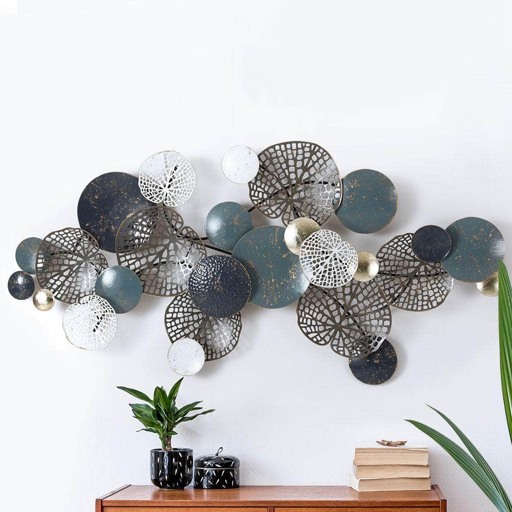 Metal Wall Art Hanging Sculpture 132Cm Home Decor Leaf Circles Blue