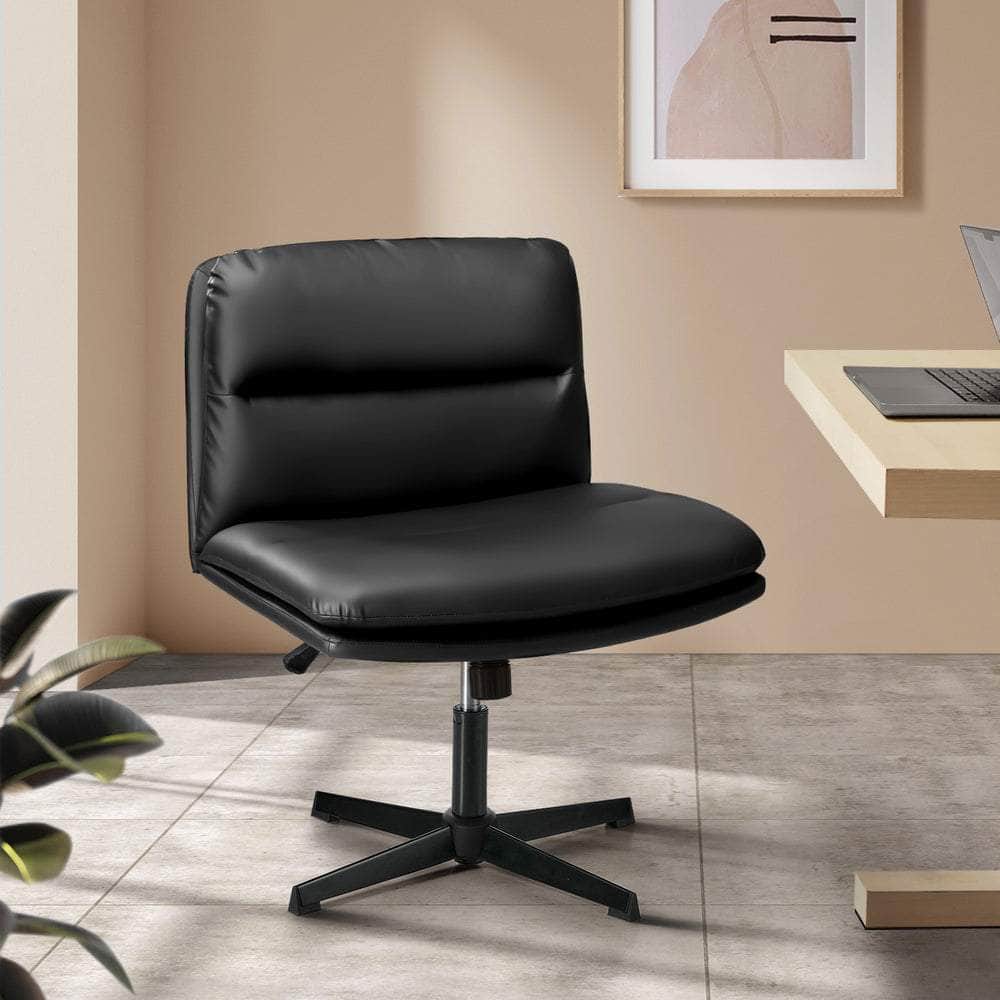 Mid Back Armless Office Chair Wide Seat Leather Beige/Black | Leather finish