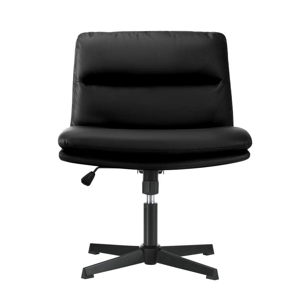 Office Chair - Mid Back Armless Office Chair Wide Seat Leather Beige/Black
