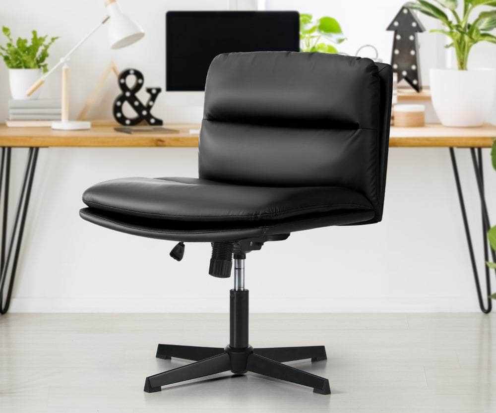 Mid Back Armless Office Chair Wide Seat Leather Beige/Black, Beige colour