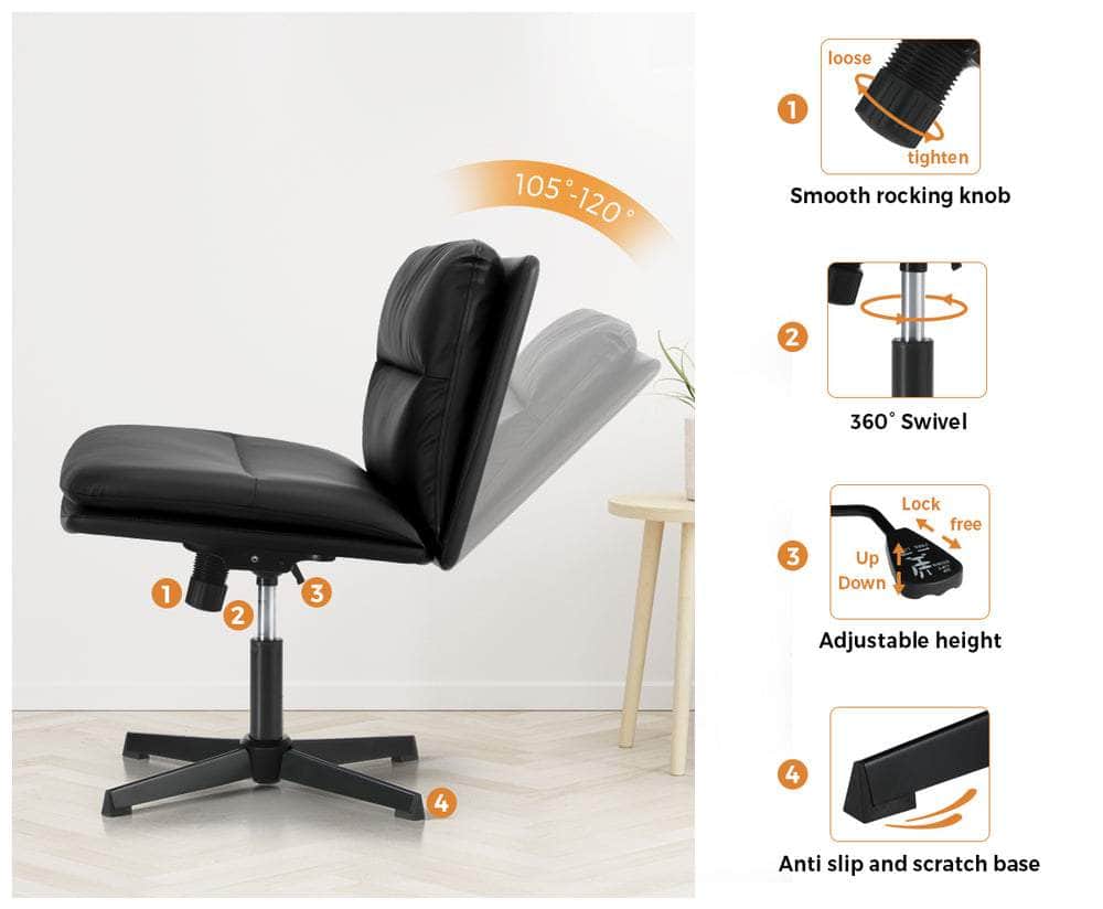 Mid Back Armless Office Chair Wide Seat Leather Beige/Black, Leather finish