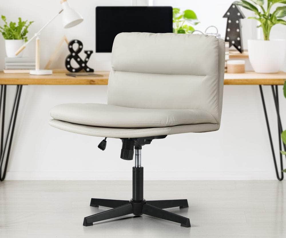 Mid Back Armless Office Chair Wide Seat Leather Beige/Black with Leather finish