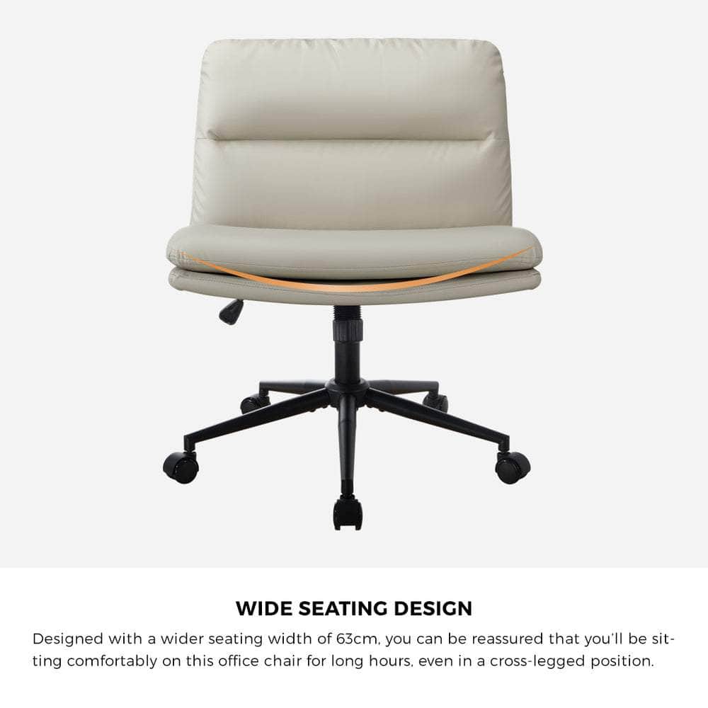 Mid Back Office Chair Wide Seat Leather Beige with Wheels