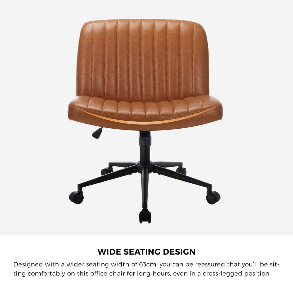 Mid Back Office Chair Wide Seat with Wheels Leather Black/Brown