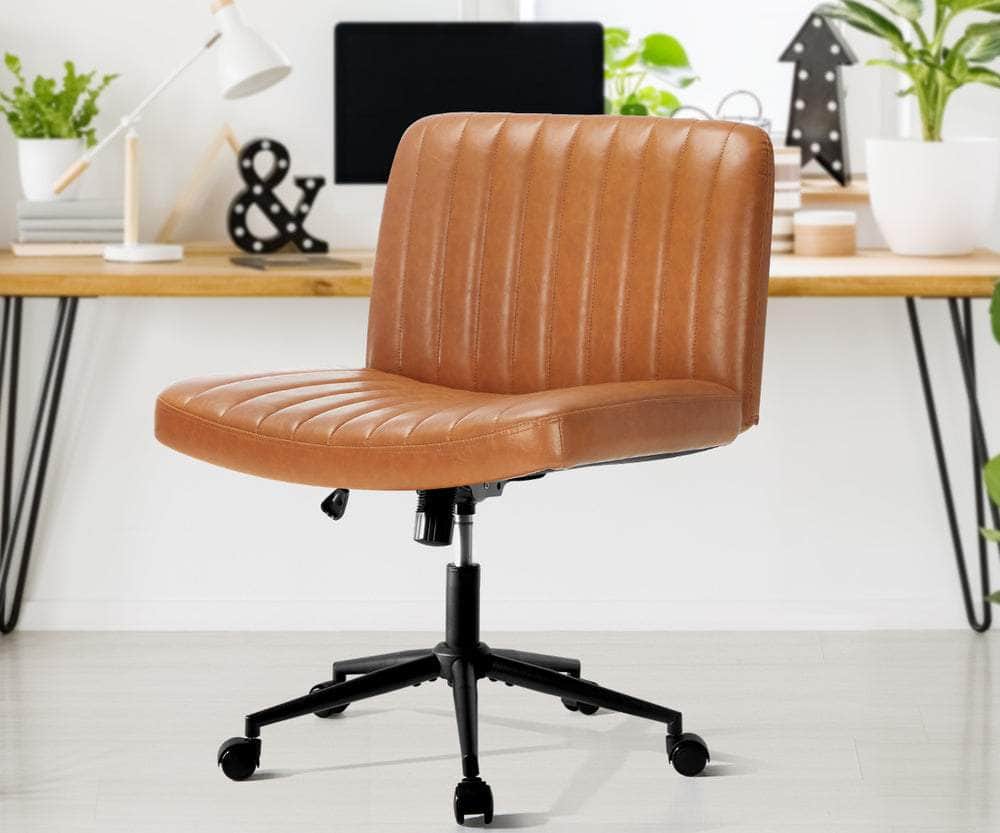 Mid Back Office Chair Wide Seat with Wheels Leather Black/Brown