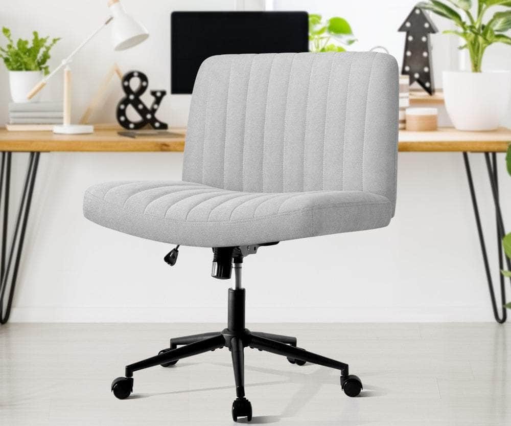 Mid Back Office Chair Wide Seat with Wheels Linen Beige/Grey