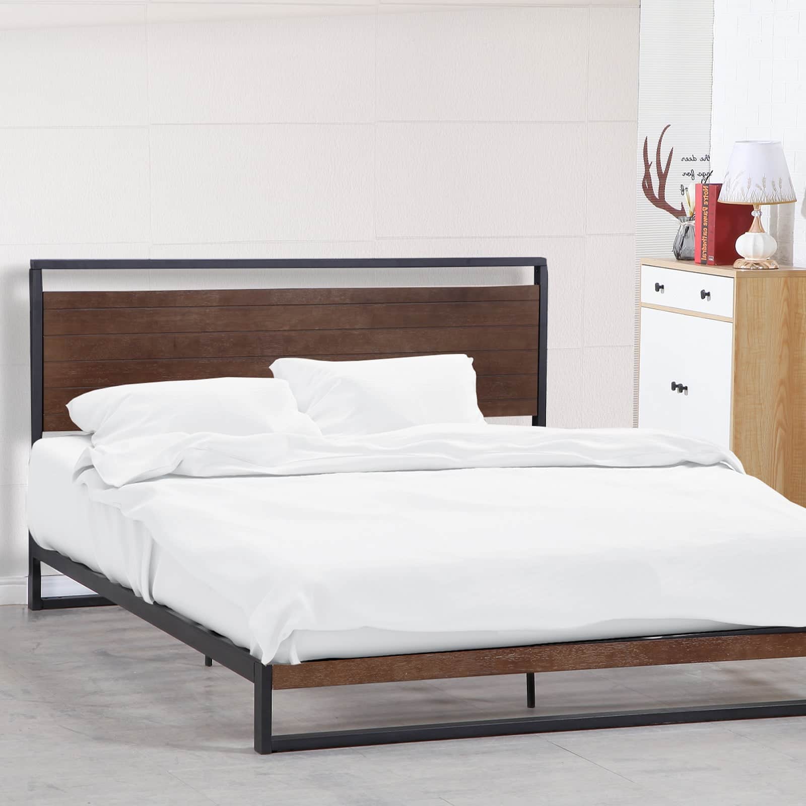 Milano Decor Azure Bed Frame With Headboard Black Wood Steel Platform