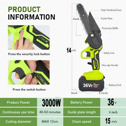 Mini Cordless Chainsaw (36V, 3000W, 2X Battery-Powered)