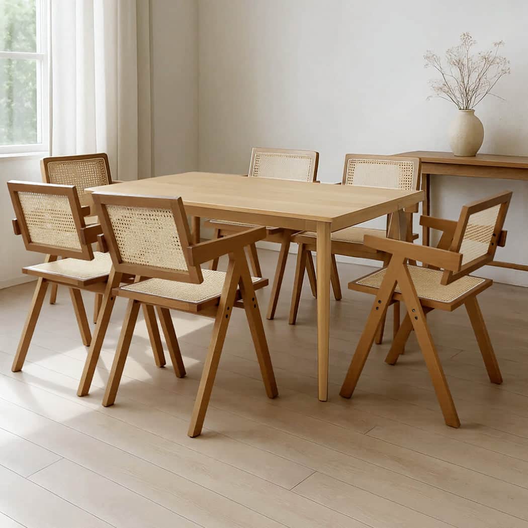 Minimalist 6x Walnut Wicker Armchair Dining Chair  Space-Saving