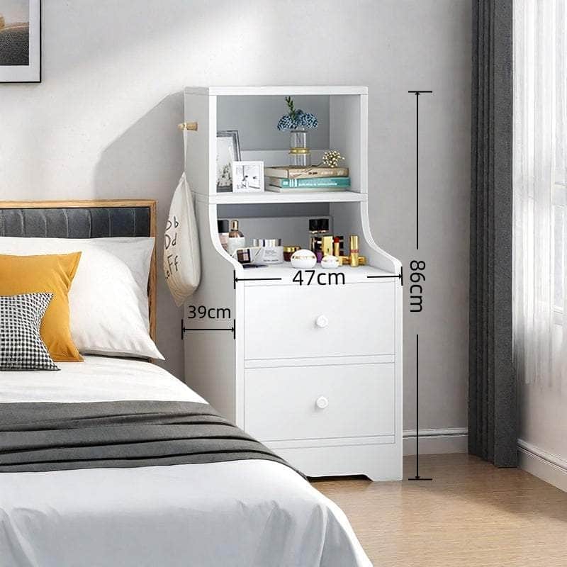 Minimalist Bedside Cabinet White Cosmetic Storage Dual Shelves Curved Design