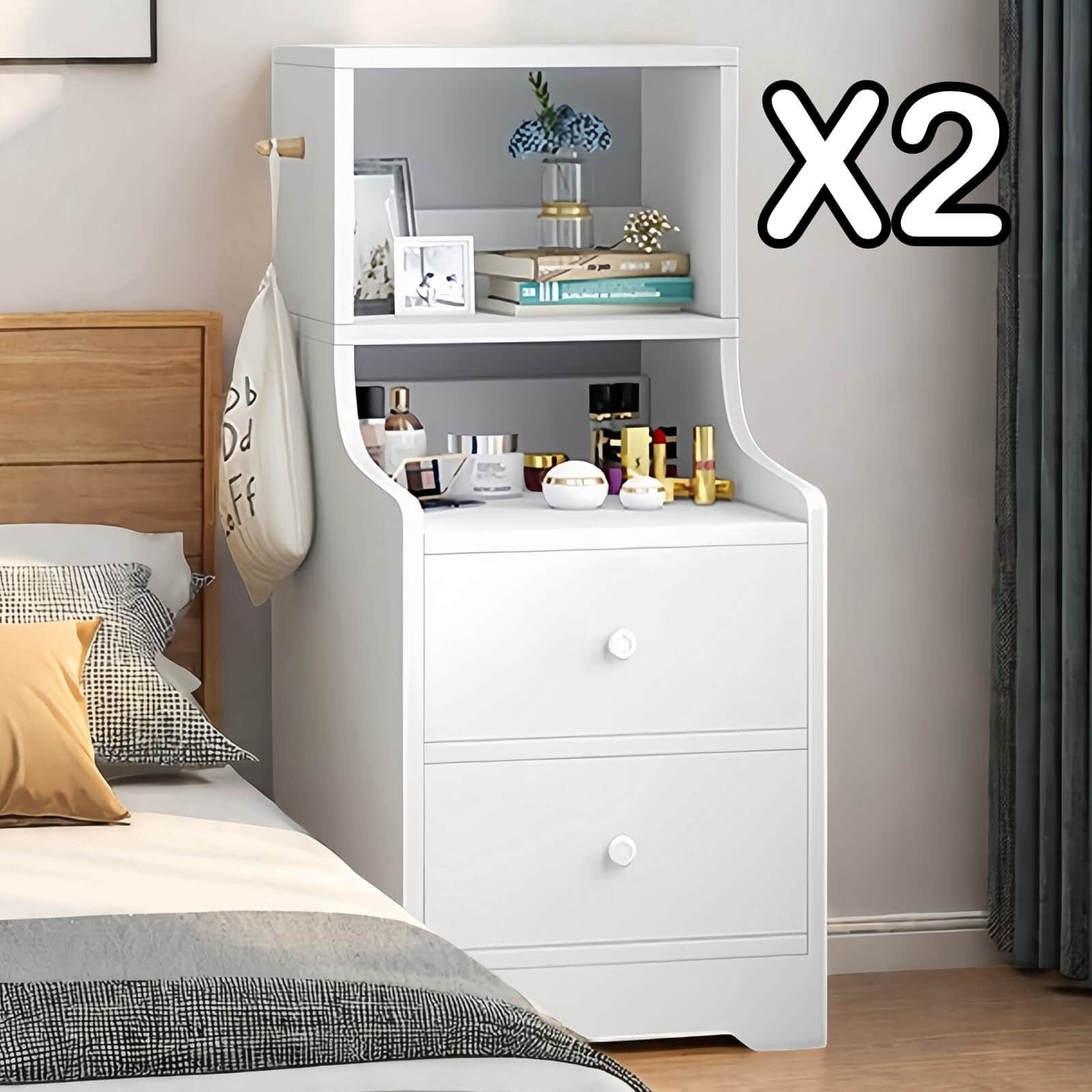 Minimalist Bedside Cabinet White Cosmetic Storage Dual Shelves Curved Design