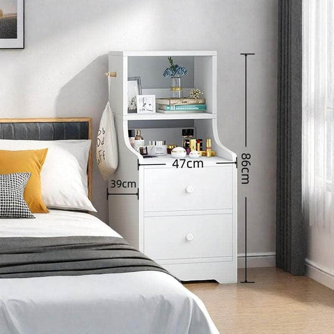 Minimalist Bedside Cabinet White Cosmetic Storage Dual Shelves Curved Design
