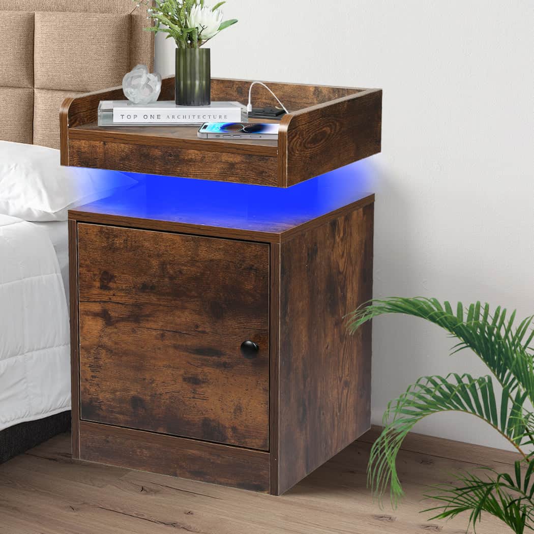 Minimalist Bedside Table USB Charger Outlet RGB Oak  Wood Finish