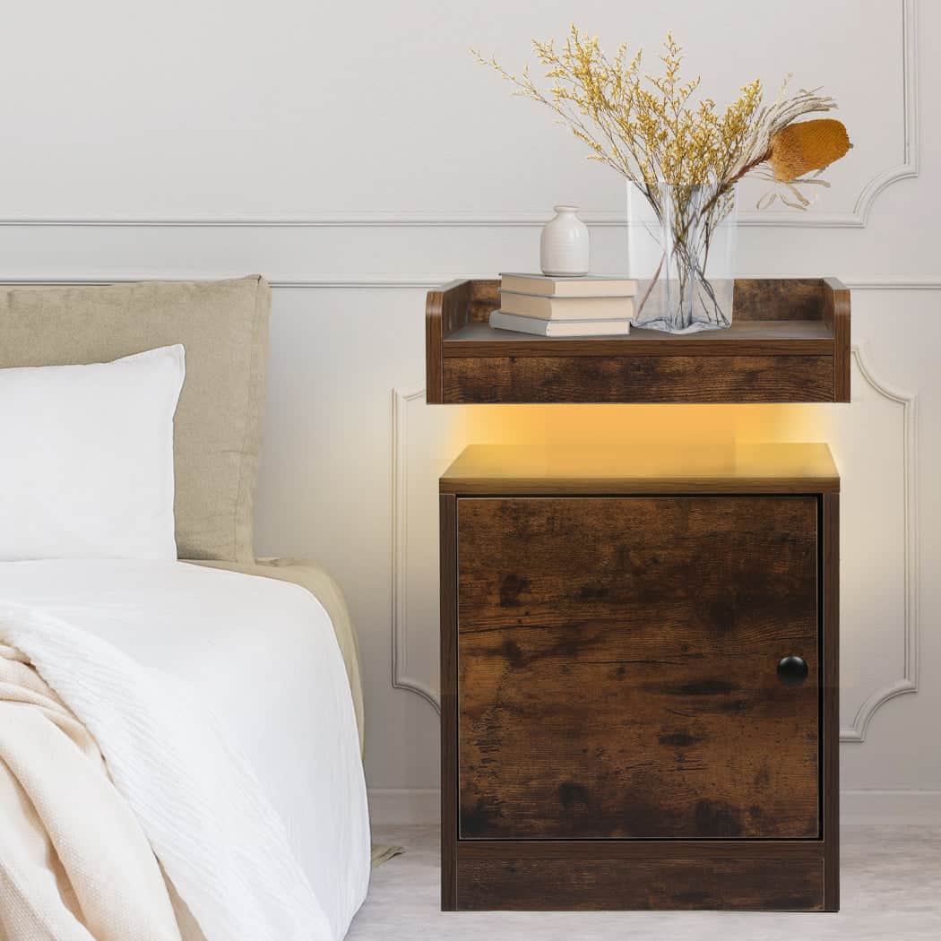 Minimalist Bedside Table USB Charger Outlet RGB Oak  Wood Finish