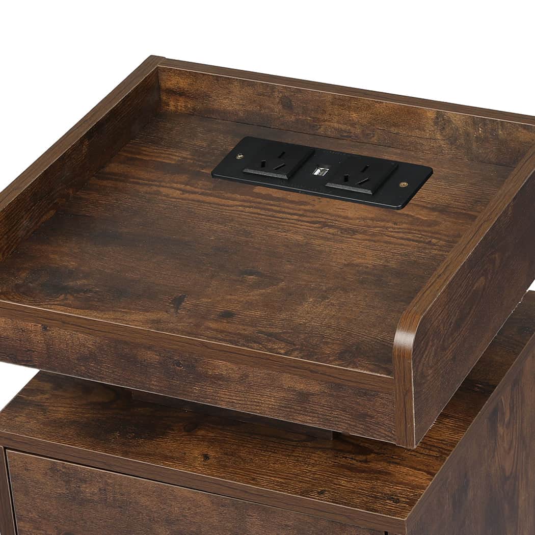 Minimalist Bedside Table USB Charger Outlet RGB Oak  Wood Finish