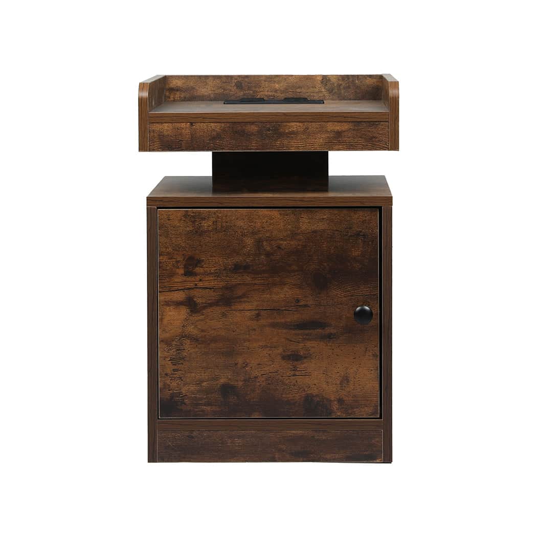 Minimalist Bedside Table USB Charger Outlet RGB Oak  Wood Finish