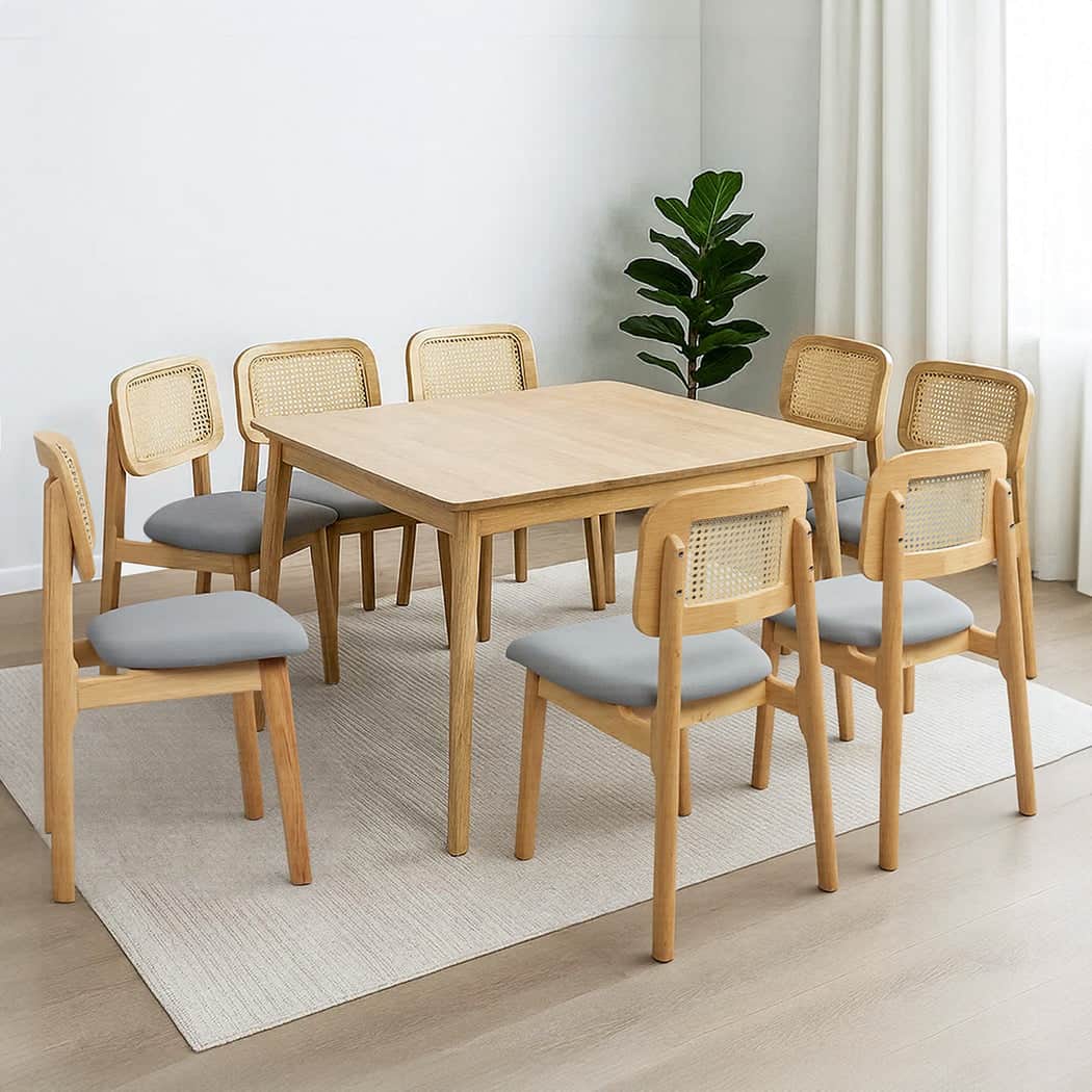 Minimalist Dining Chair Wood Rattan Armless Natural x8  High Back