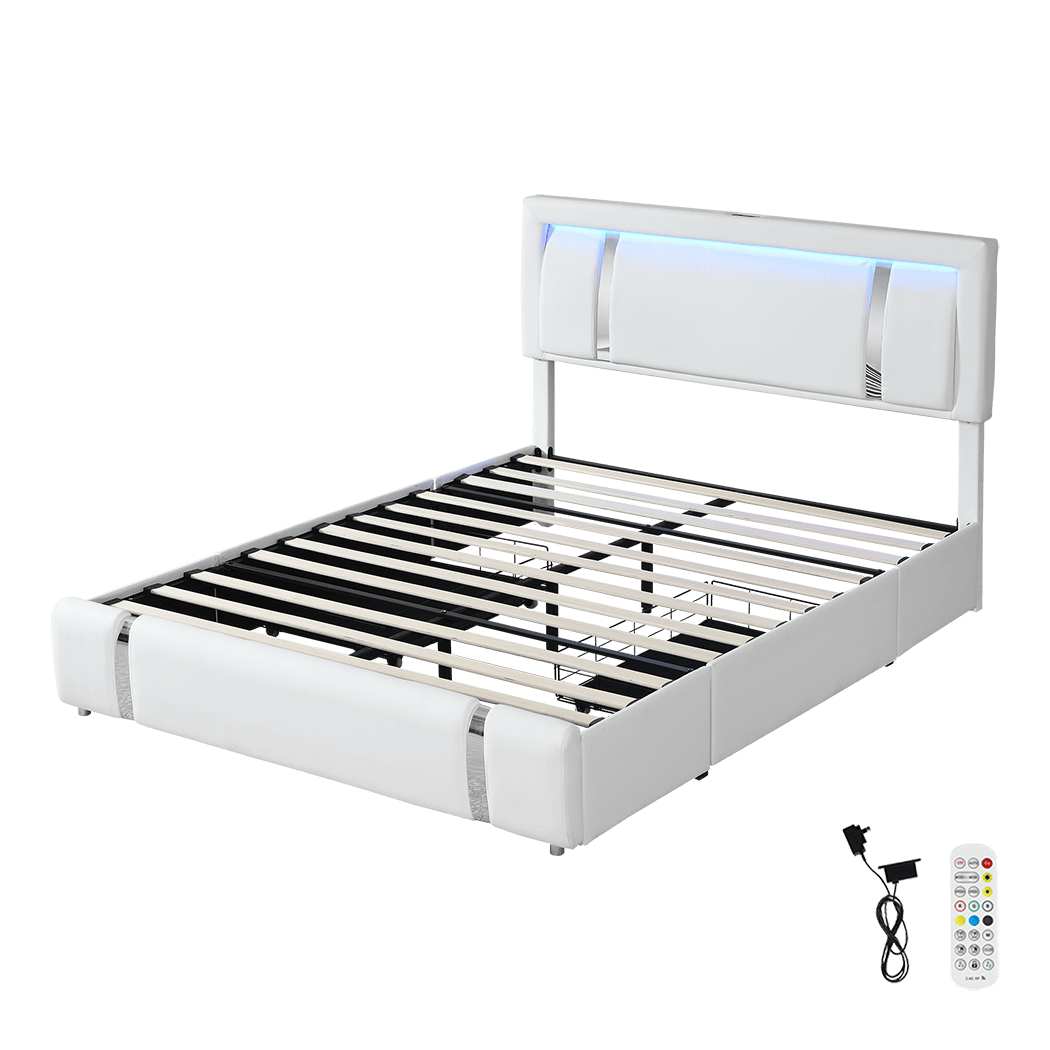 Minimalist Double Bed Frame With Adjustable Headboard White