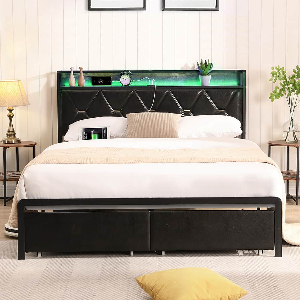 Minimalist Double Metal Bed Frame LED Lights 2 Drawers  Scandi
