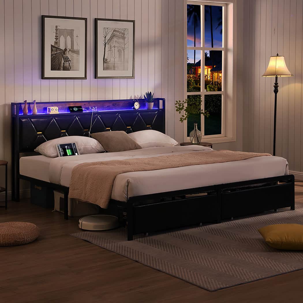 Minimalist Double Metal Bed Frame LED Lights 2 Drawers  Scandi