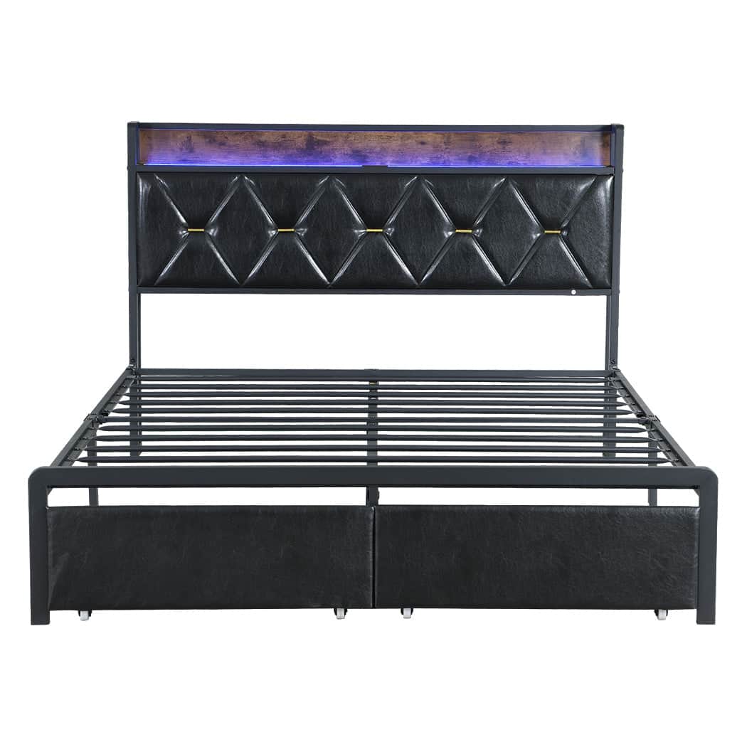 Minimalist Double Metal Bed Frame LED Lights 2 Drawers  Scandi