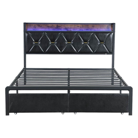 Minimalist Double Metal Bed Frame LED Lights 2 Drawers  Scandi