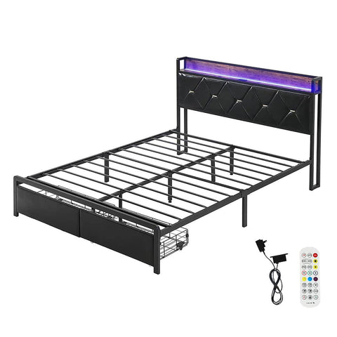 Minimalist Double Metal Bed Frame LED Lights 2 Drawers  Scandi