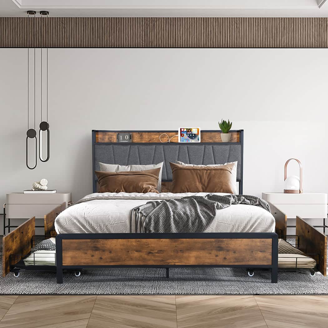 Minimalist Queen Bed Frame Soft Storage Drawers Headboard USB Charge