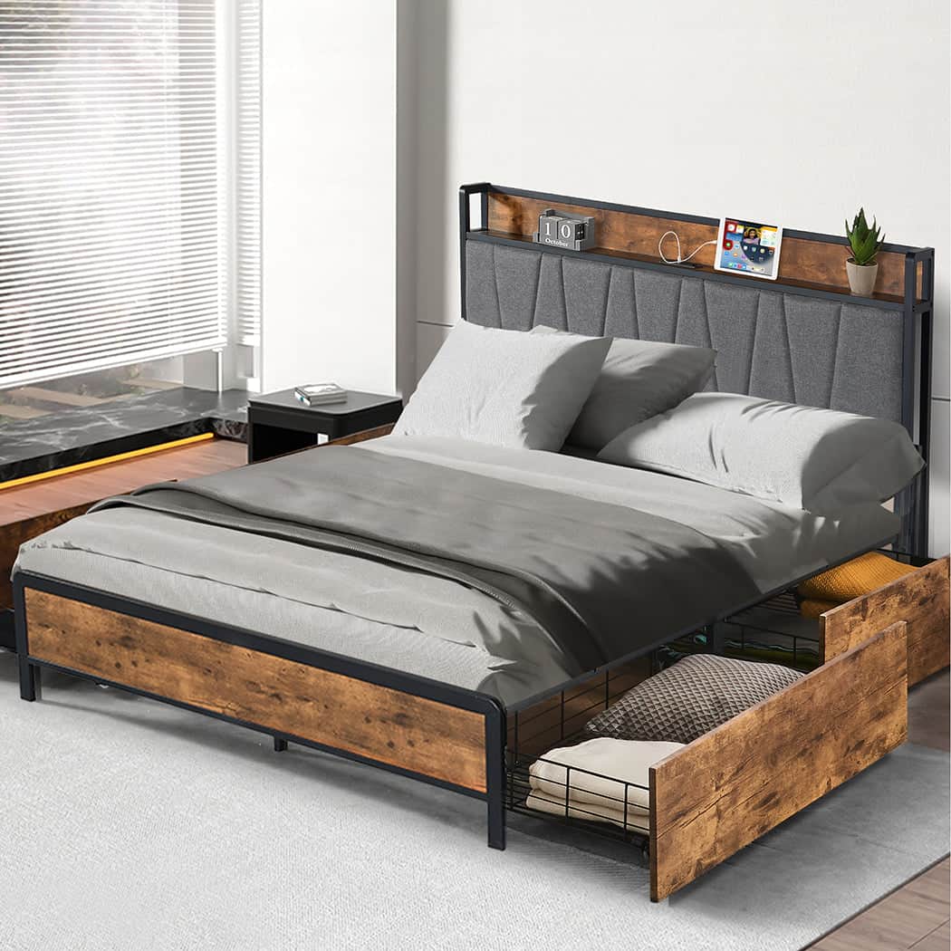 Minimalist Queen Bed Frame Soft Storage Drawers Headboard USB Charge