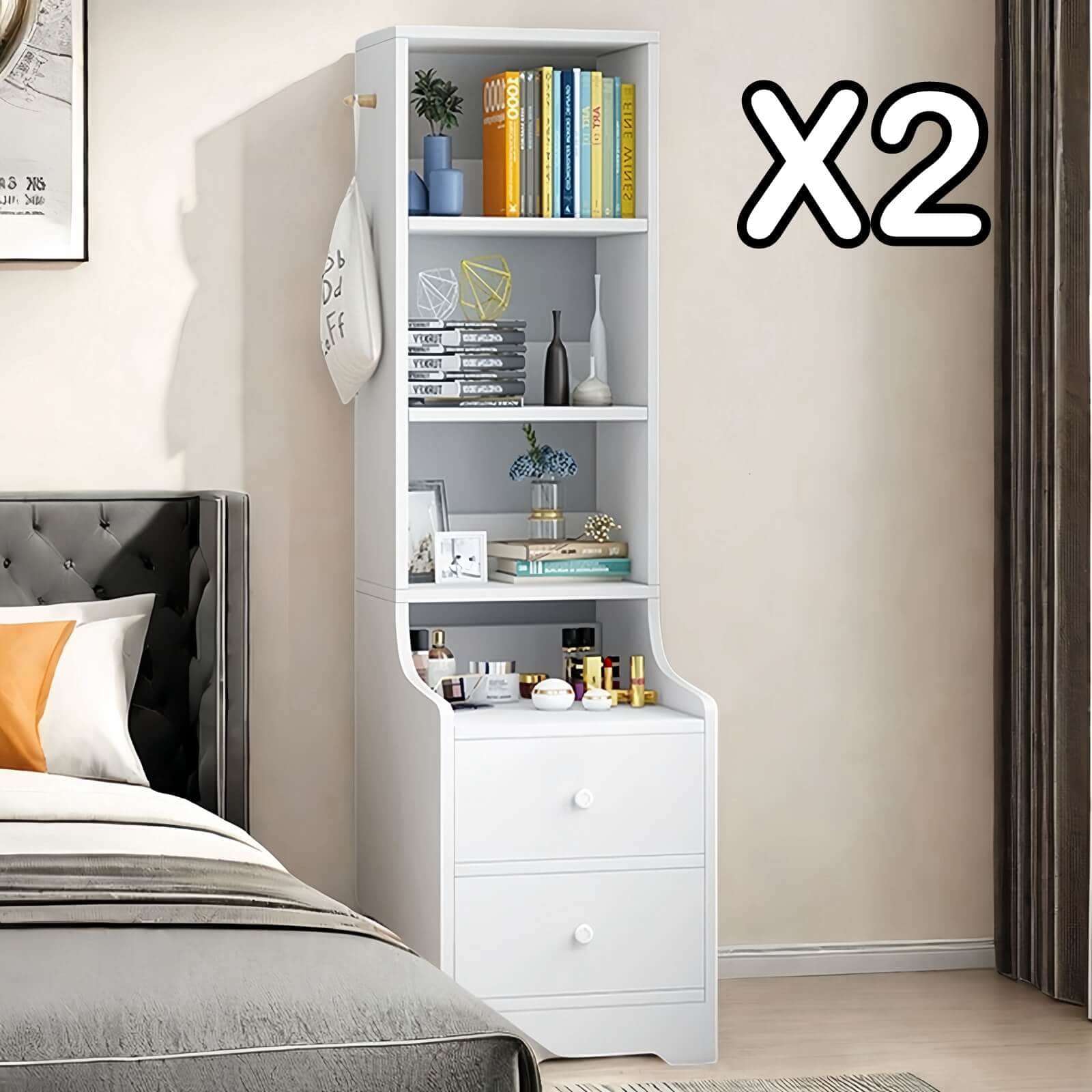 Minimalist Tall Bookshelf White Nightstand Cabinet with Drawers Curved Design