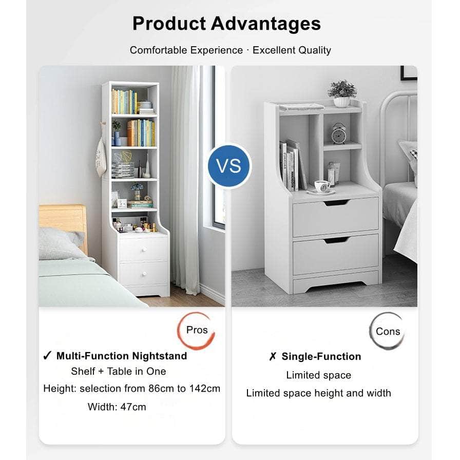 Minimalist Tall Bookshelf White Nightstand Cabinet with Drawers Curved Design