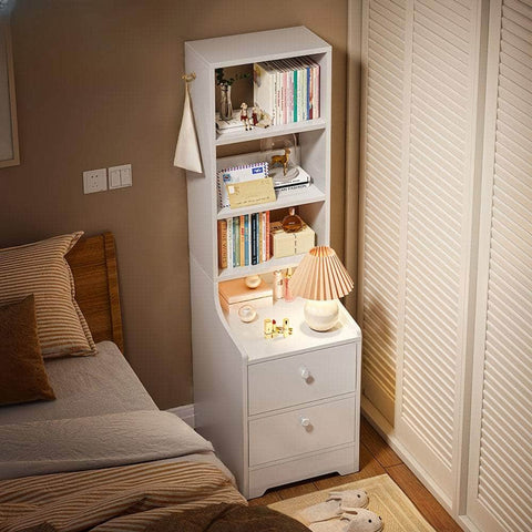 Minimalist Tall Bookshelf White Nightstand Cabinet with Drawers Curved Design