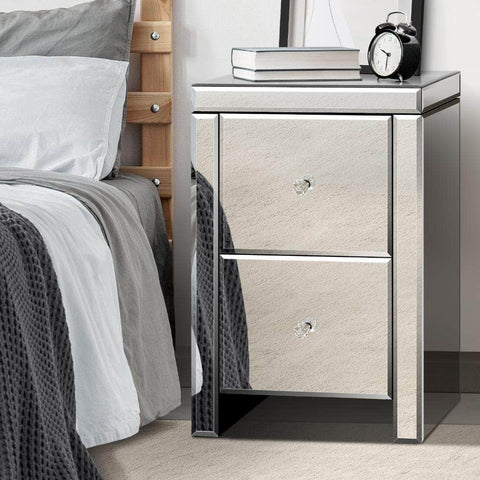 Mirrored Bedside Table with 2 Drawers Home Storage Cabiner Nightstand End Table