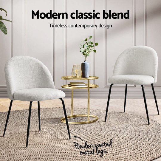 Set of 4 Dining Chairs in White Sherpa Boucle Fabric - Modern