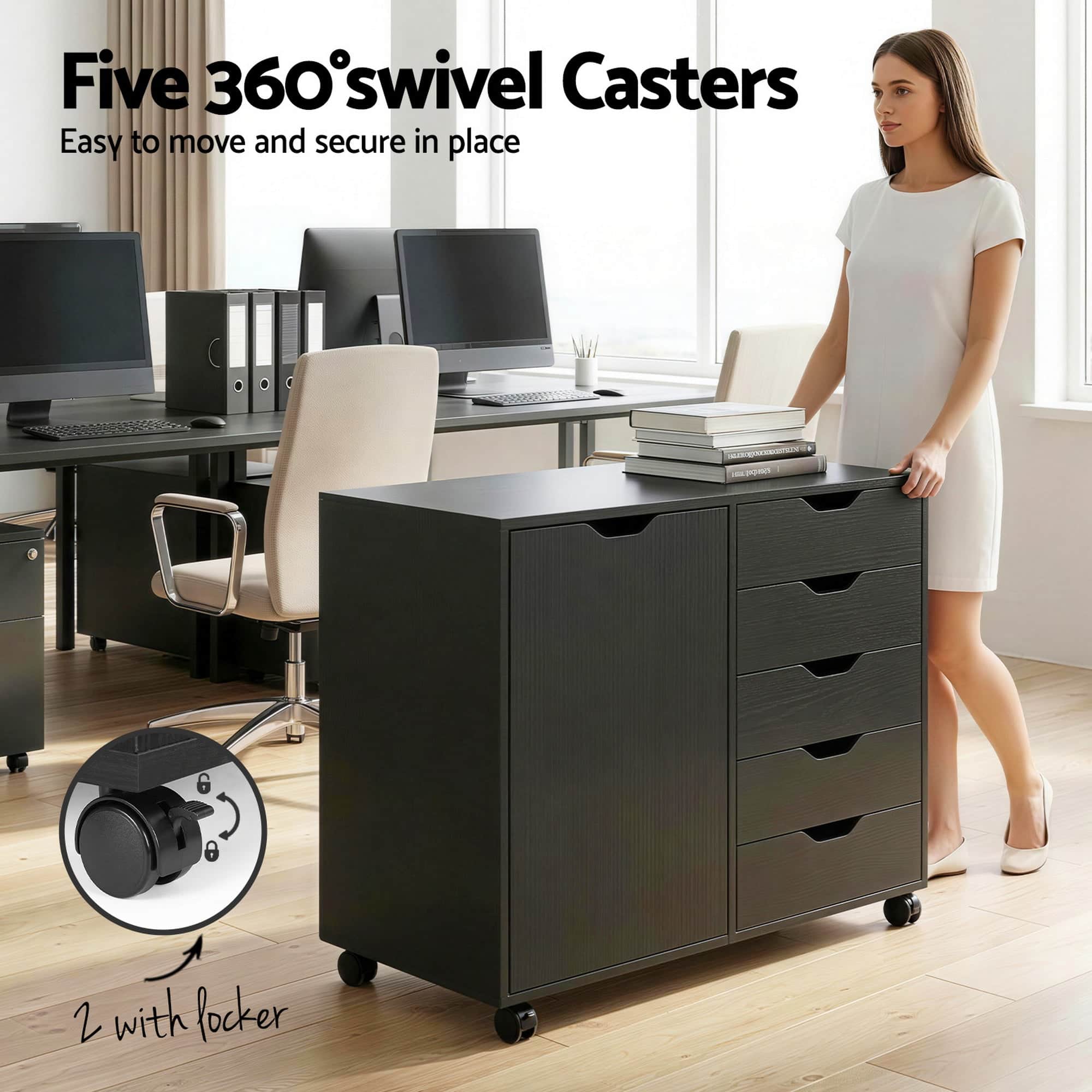 Mobile Filing Cabinet 5 Drawer Storage Unit with Door Printer Stand Black