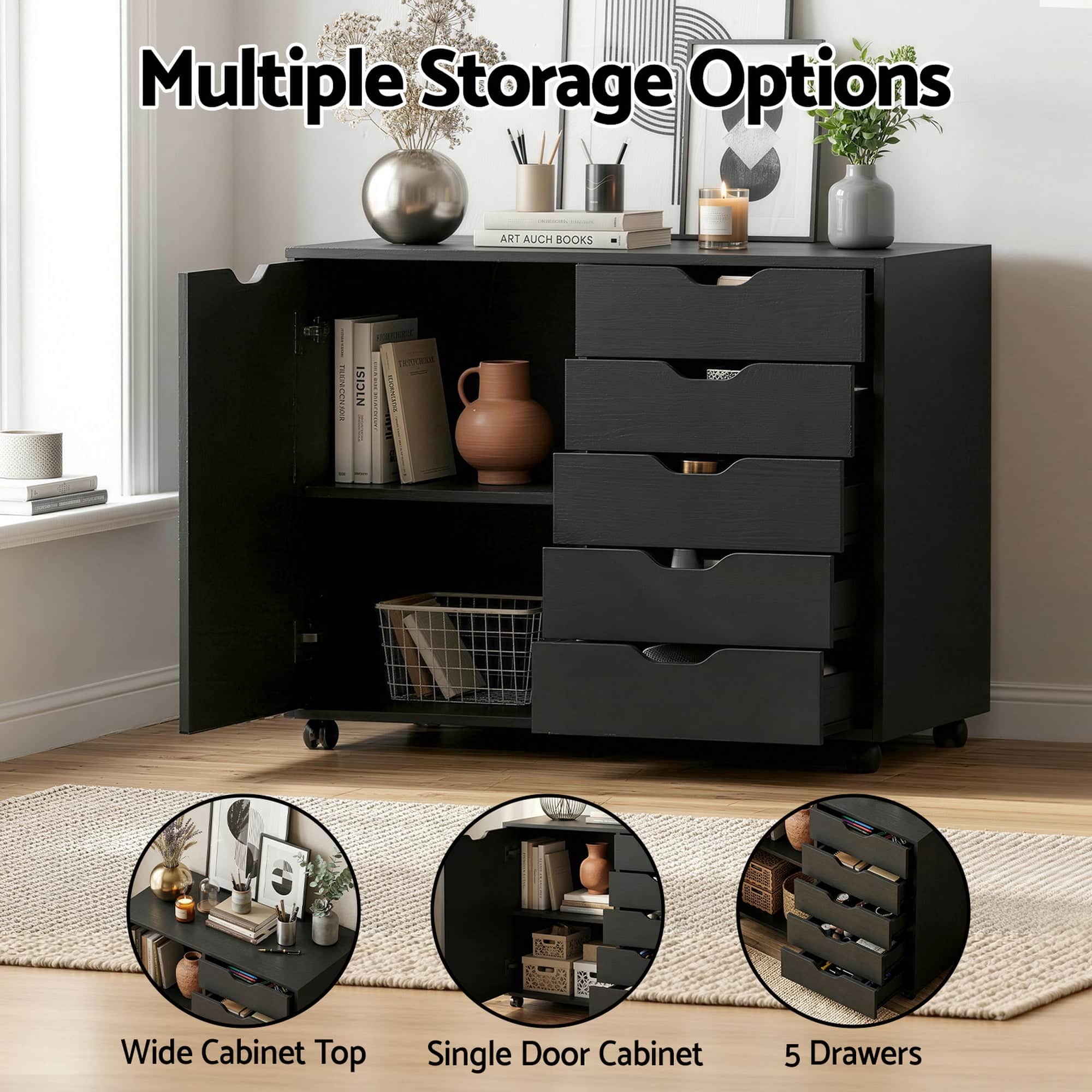 Mobile Filing Cabinet 5 Drawer Storage Unit with Door Printer Stand Black