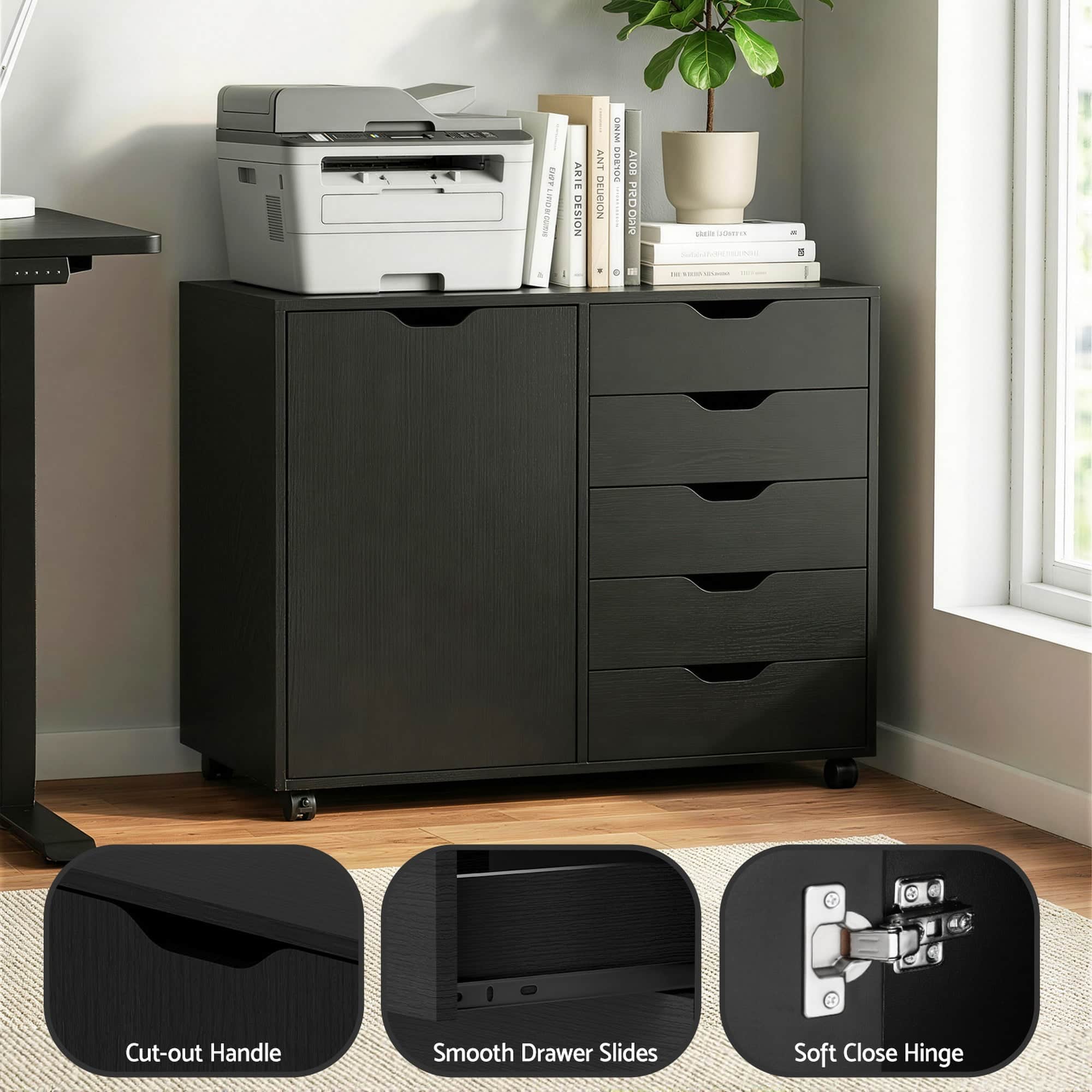 Mobile Filing Cabinet 5 Drawer Storage Unit with Door Printer Stand Black