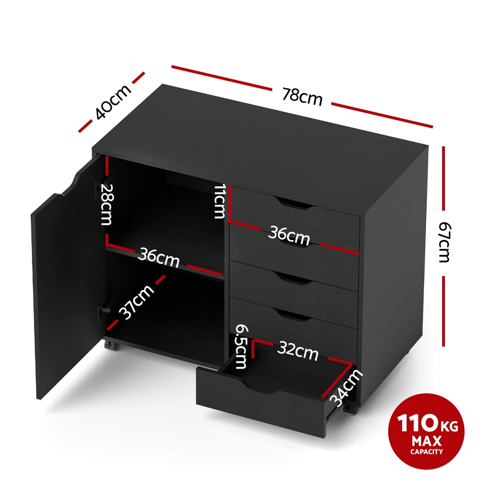 Mobile Filing Cabinet 5 Drawer Storage Unit with Door Printer Stand Black
