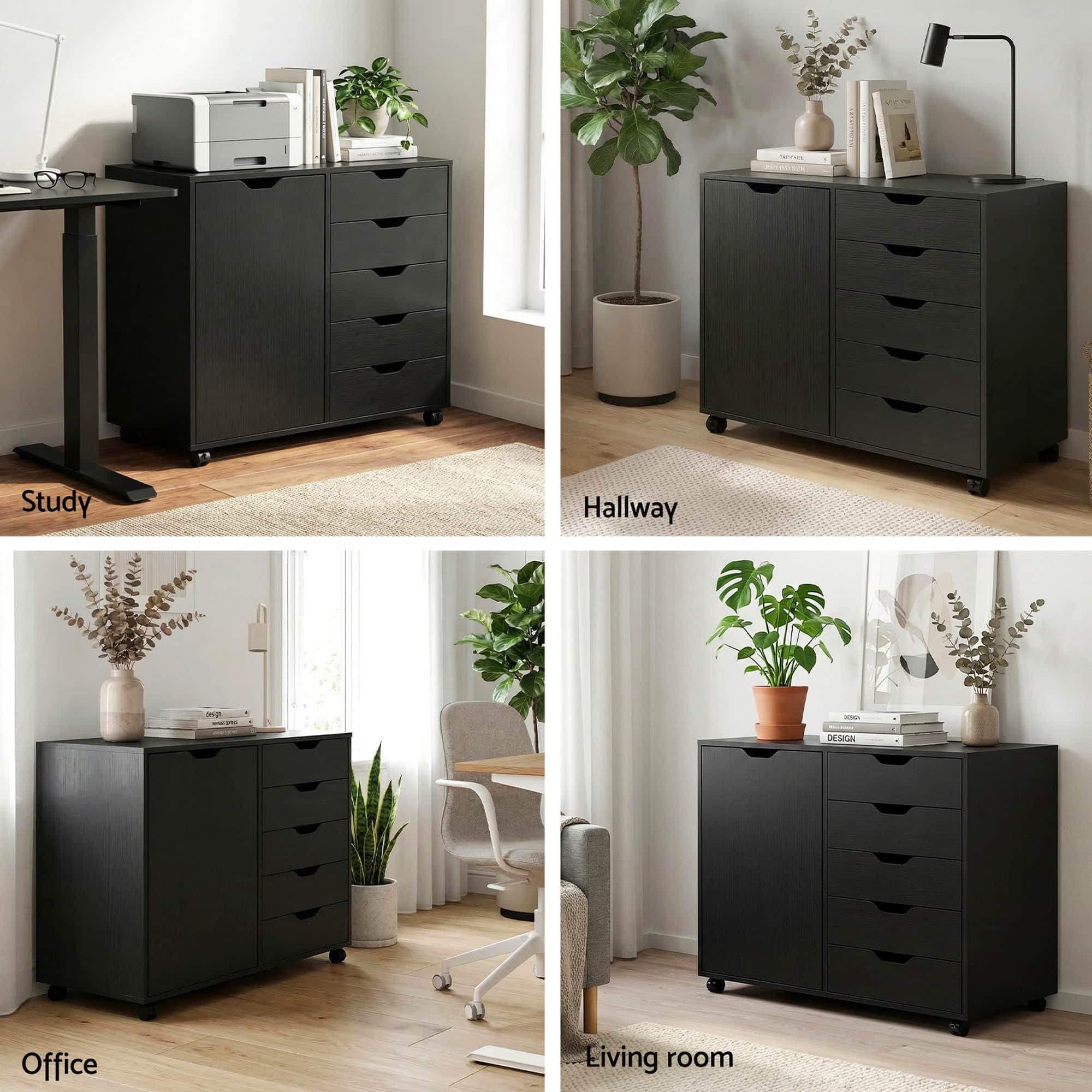 Mobile Filing Cabinet 5 Drawer Storage Unit with Door Printer Stand Black