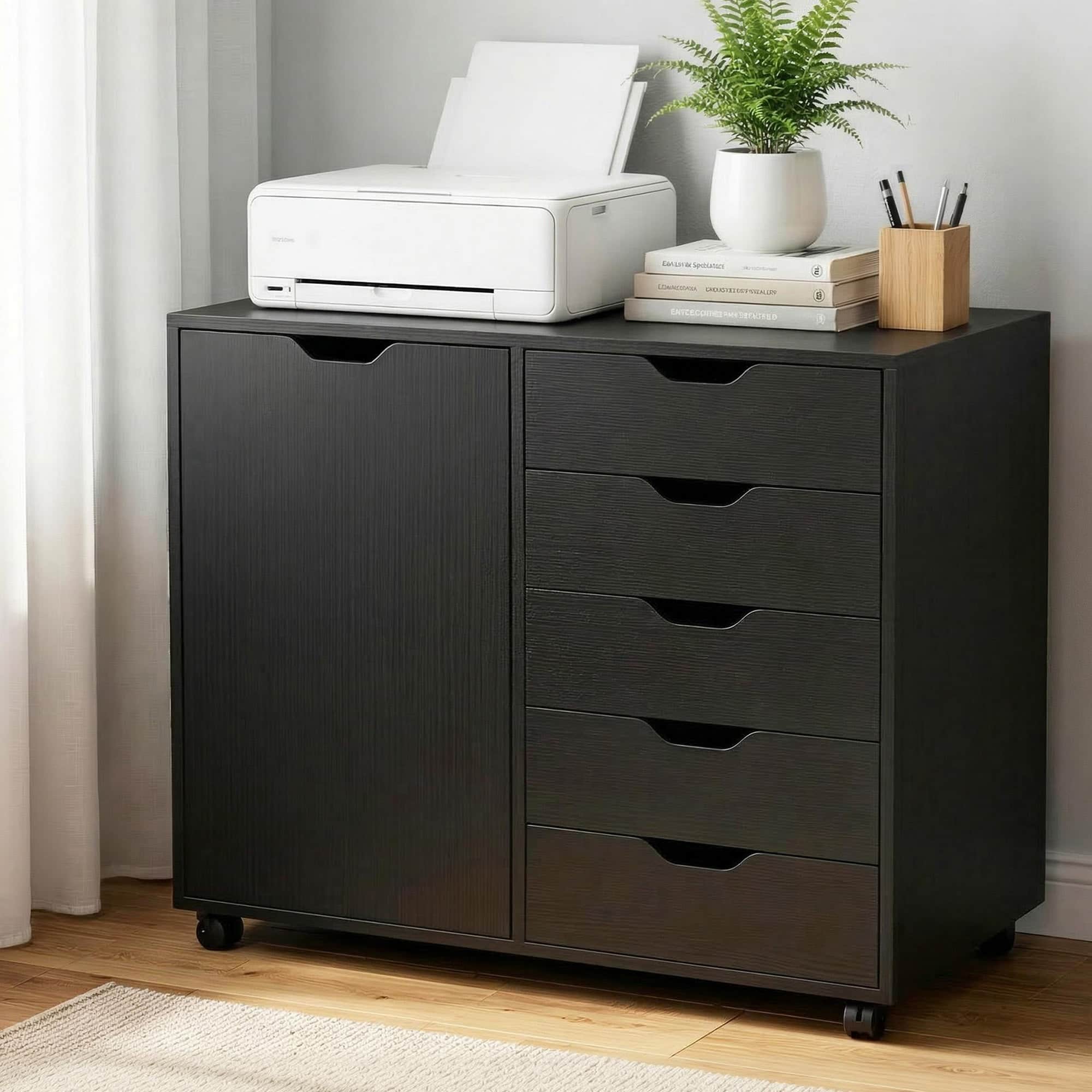 Mobile Filing Cabinet 5 Drawer Storage Unit with Door Printer Stand Black