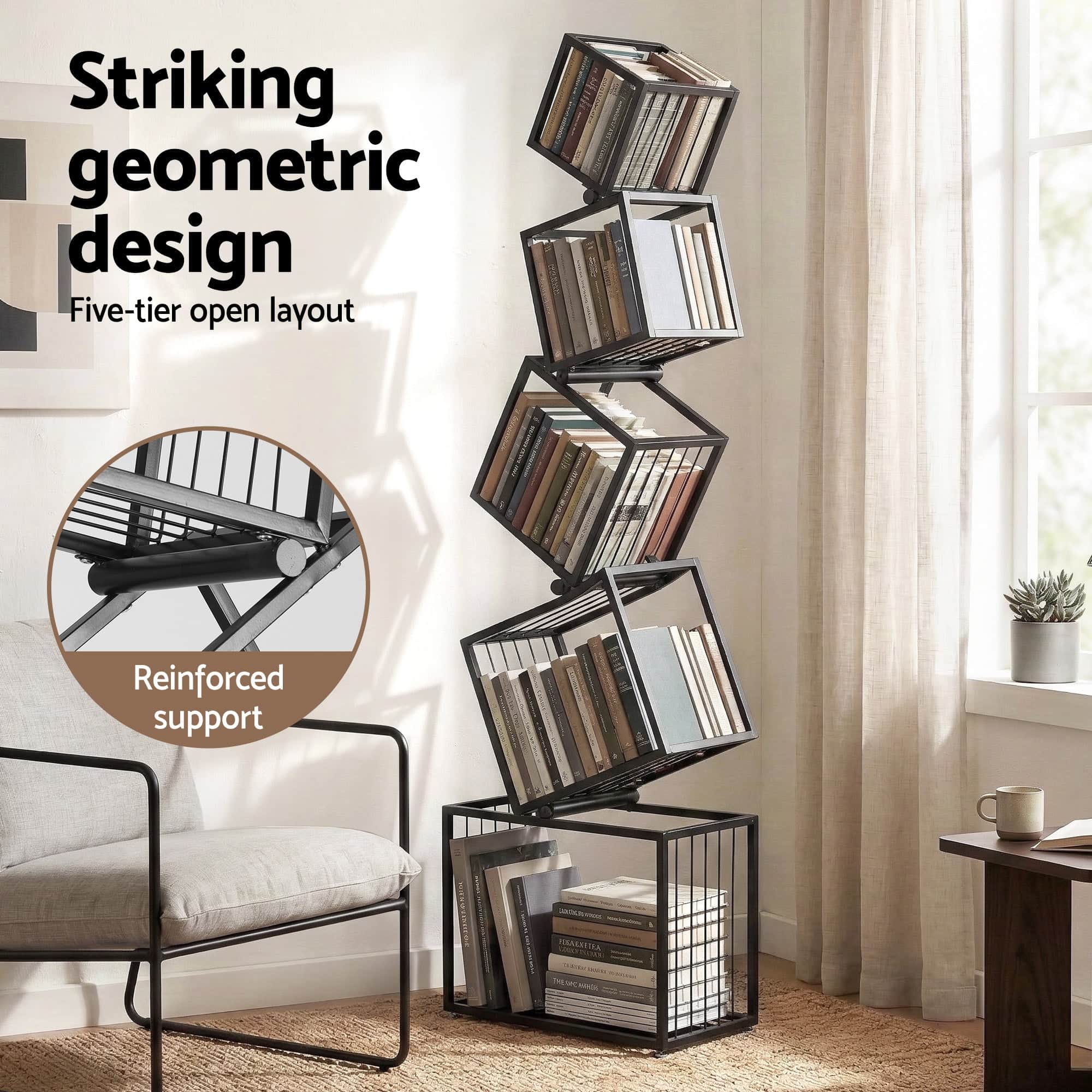 Modern 5-Tier Geometric Bookshelf Metal Display Shelf Black 181cm